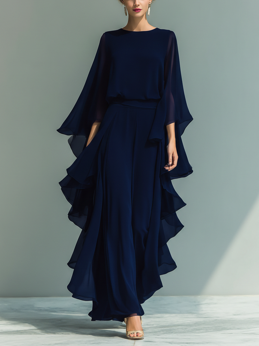 Ensemble Femme Top Chiffon Bleu Marine À Manches Évasées Et Pantalon Droit Avec Détails Volants