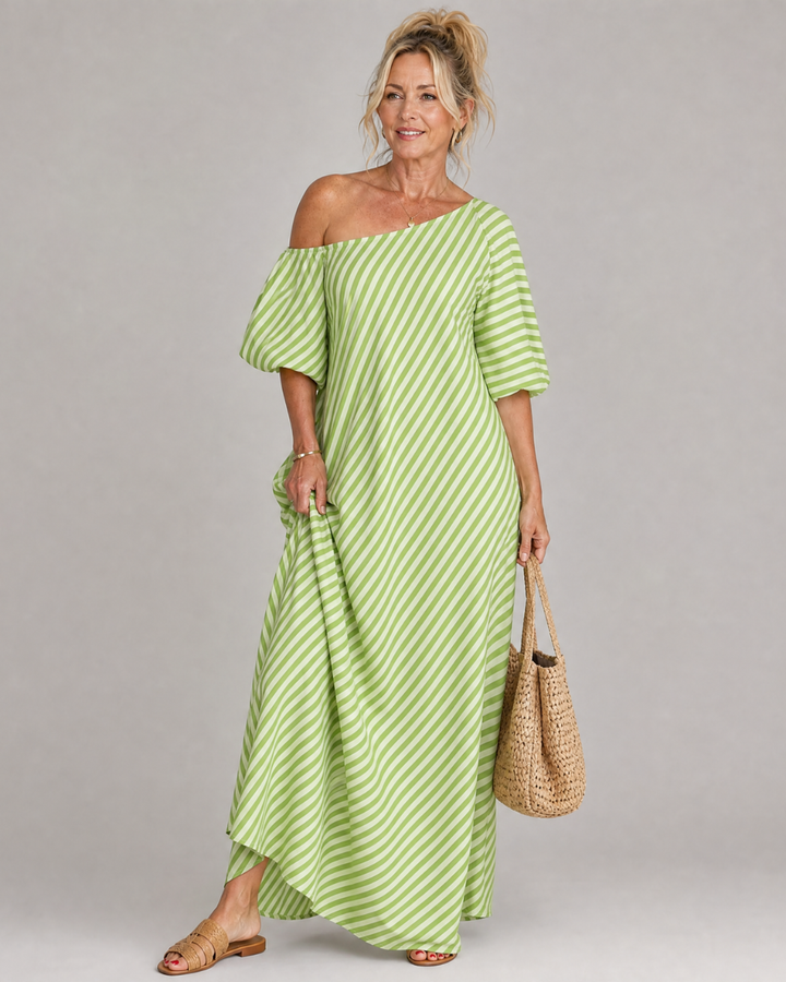 Zamrina | Abito Midi a Strisce con Maniche a Volant Off Shoulder