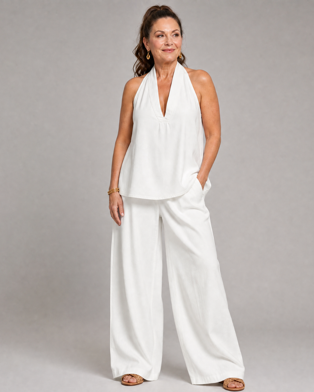 Zorelle | Top in Denim con Collo Halter e Pantaloni a Gamba Larga