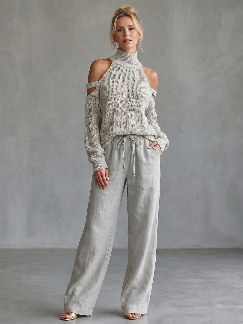 Questo | Top a Maglia con Spalle Scoperte e Set di Pantaloni a Gamba Larga