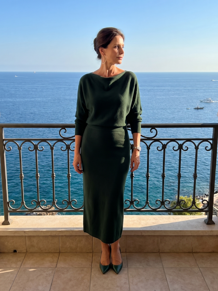 Romy | Abito midi aderente con scollatura drappeggiata