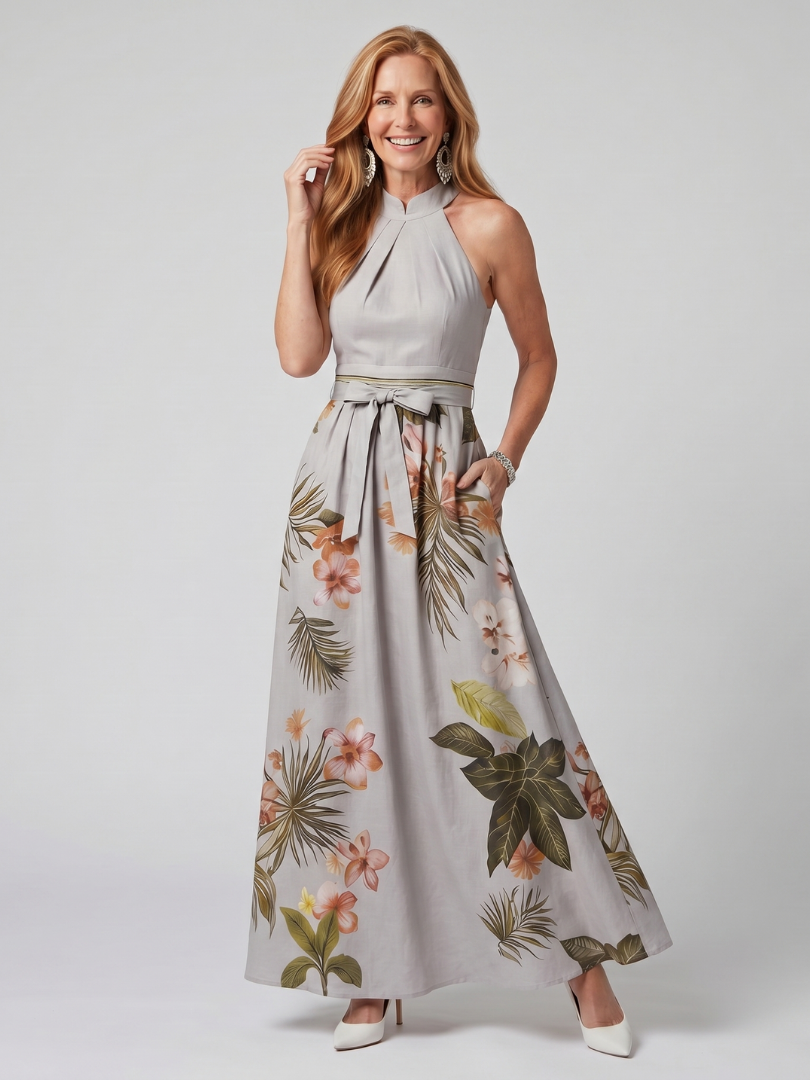Meadow | Abito Maxi con Pannello Botanico e Scollo All'Americana