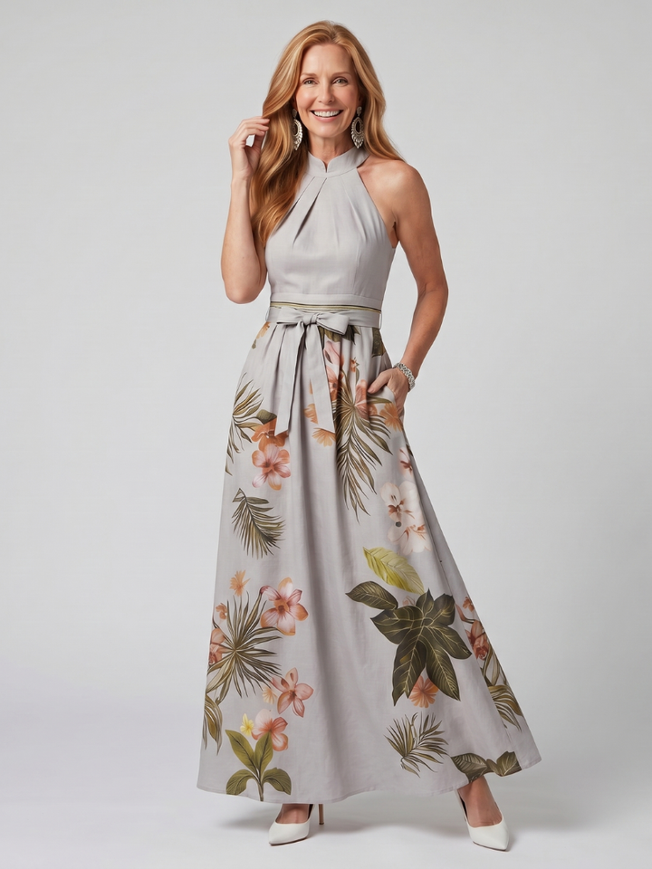 Meadow | Abito Maxi con Pannello Botanico e Scollo All'Americana