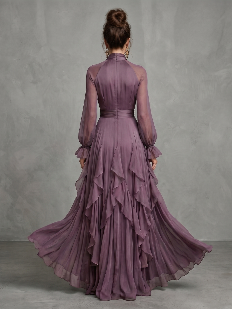 Demetria | Abito Maxi con Collo a Fiocco e Righe a Balze