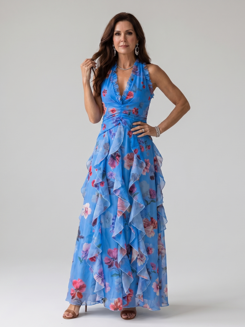Nori | Vestito Maxi Floreale con Corpino Arricciato e Collo Halter