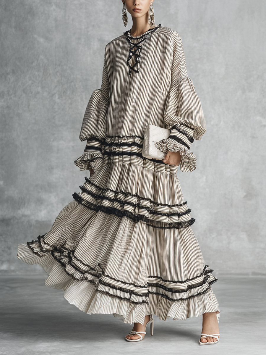 Robe maxi longue à volants à rayures bohème pour femme