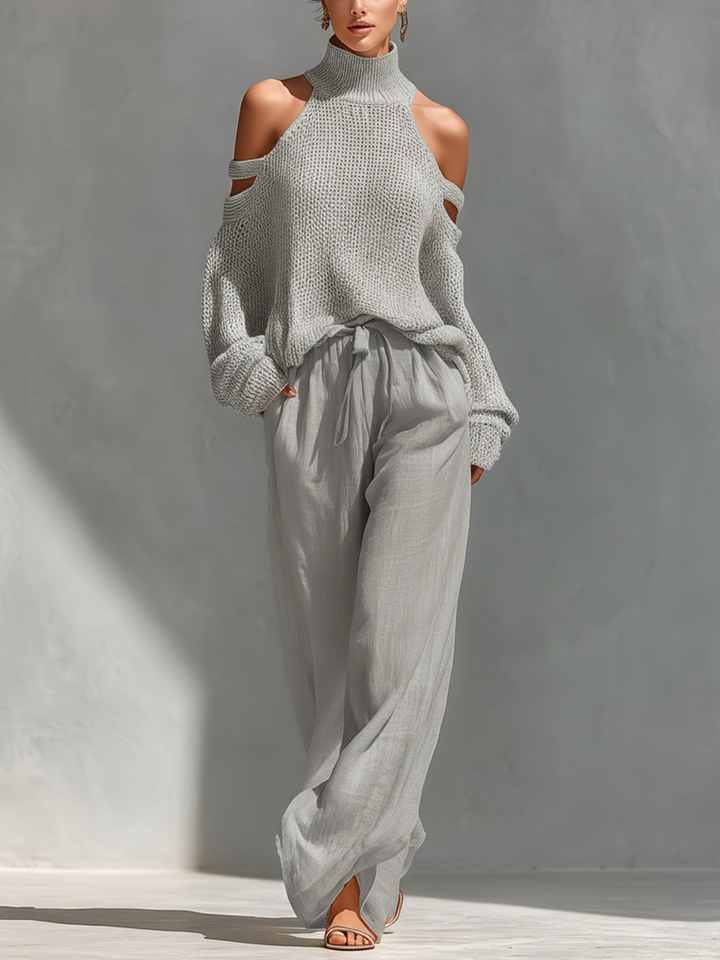 Ensemble Haut Col Montant avec Épaules Dénudées en Maille Beige pour Femmes & Pantalons à Jambe Large