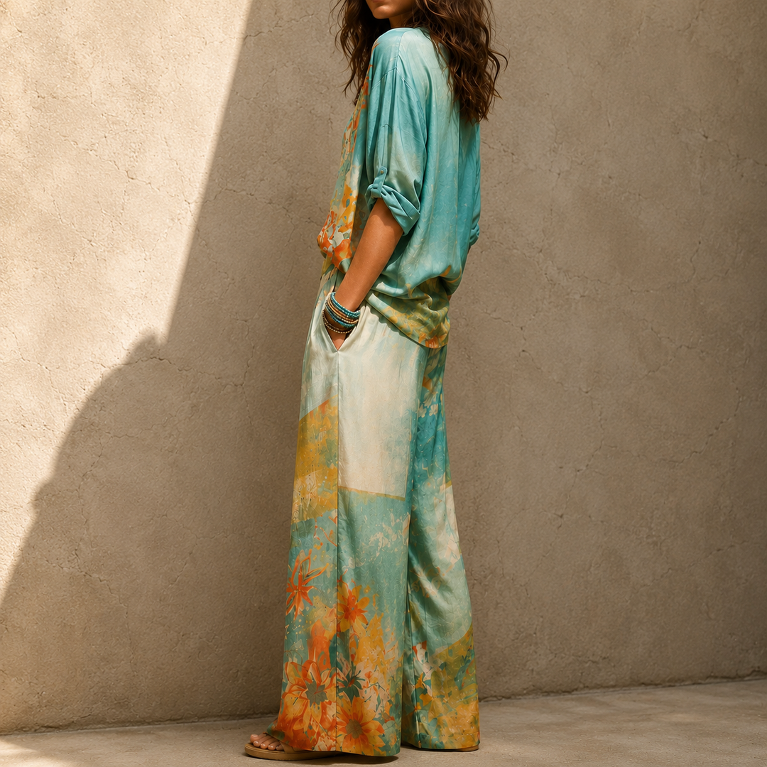 Chiara | Completo elegante con stampa floreale e pantaloni larghi