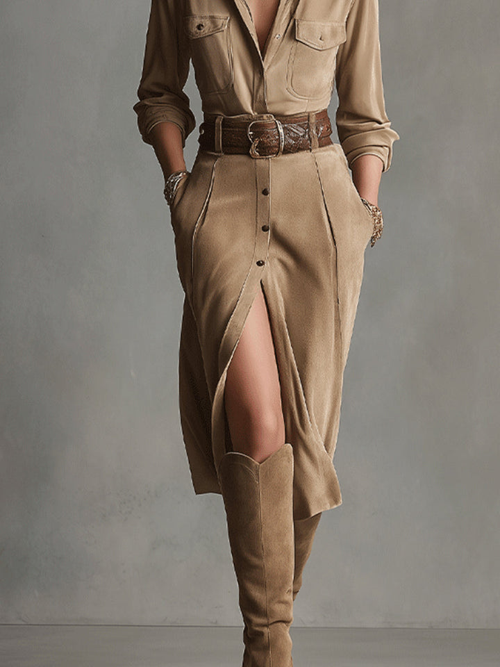 Zoe | Robe Midi en Suède Marron