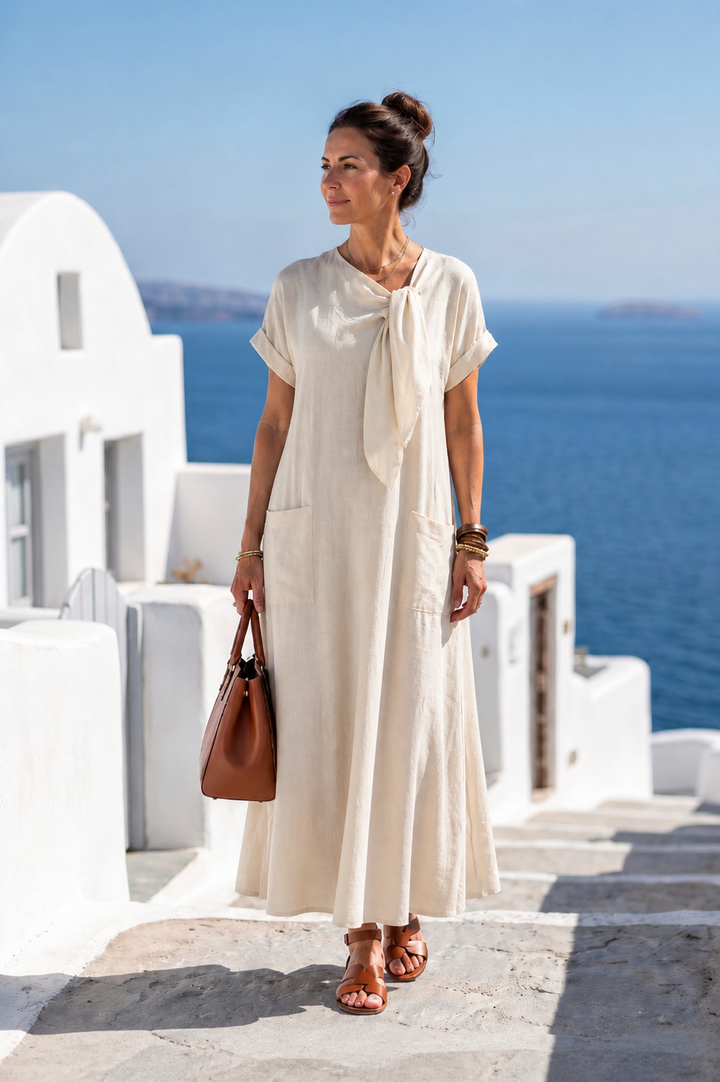 Elowyn | Abito Maxi con Collo Rotondo e Maniche Corte con Tasche