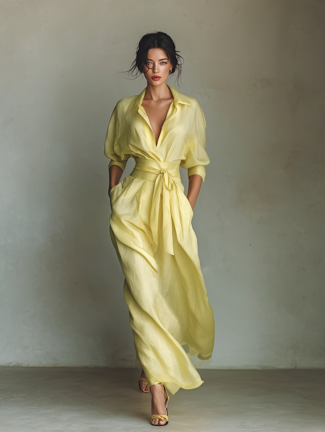 Robe Chemise Maxi Femme Jaune Citron En Coton Et Lin Avec Ceinture À Nouer & Manches Mi-Longues