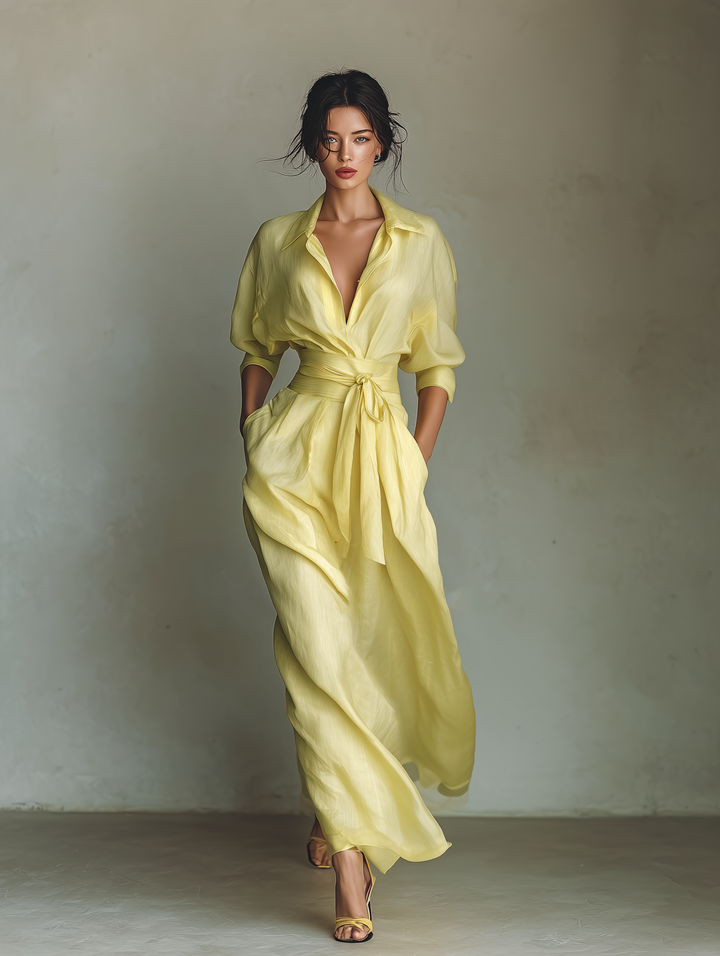 Robe Chemise Maxi Femme Jaune Citron En Coton Et Lin Avec Ceinture À Nouer & Manches Mi-Longues