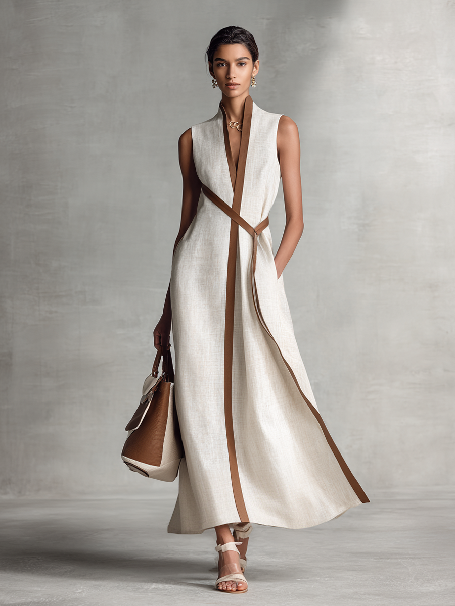 Robe Maxi en Coton Lin sans Manches à Encolure en V et Ceinture à Nouer pour Femmes