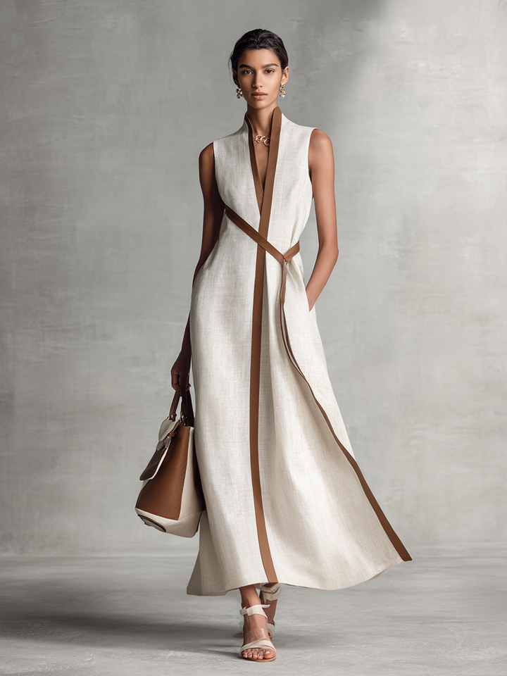 Robe Maxi en Coton Lin sans Manches à Encolure en V et Ceinture à Nouer pour Femmes