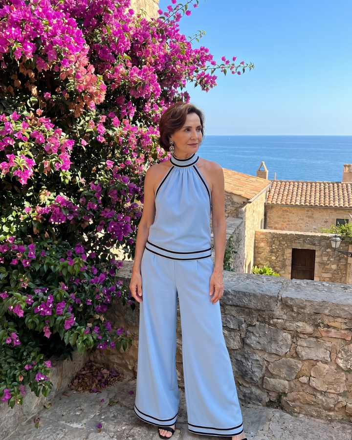 Zephyrine | Jumpsuit a gamba larga con scollatura a halter e dettagli a contrasto