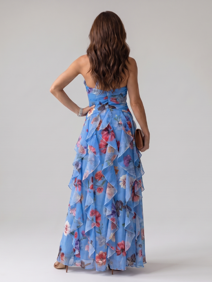 Nori | Vestito Maxi Floreale con Corpino Arricciato e Collo Halter