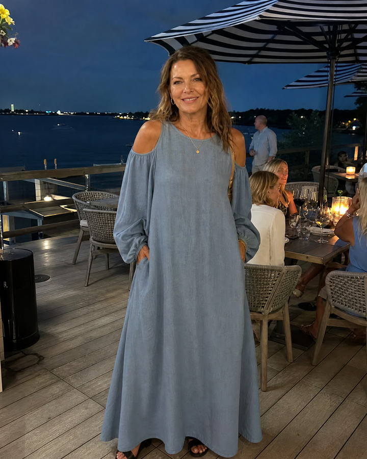 Sylphine | Abito Maxi Relaxed con Spalle Scoperte e Maniche a Palloncino