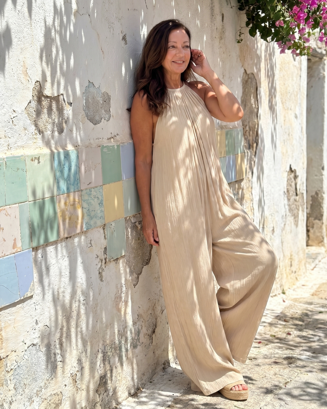 Sylvara | Tuta Relaxed a Gamba Larga con Collo Halter Plissettato
