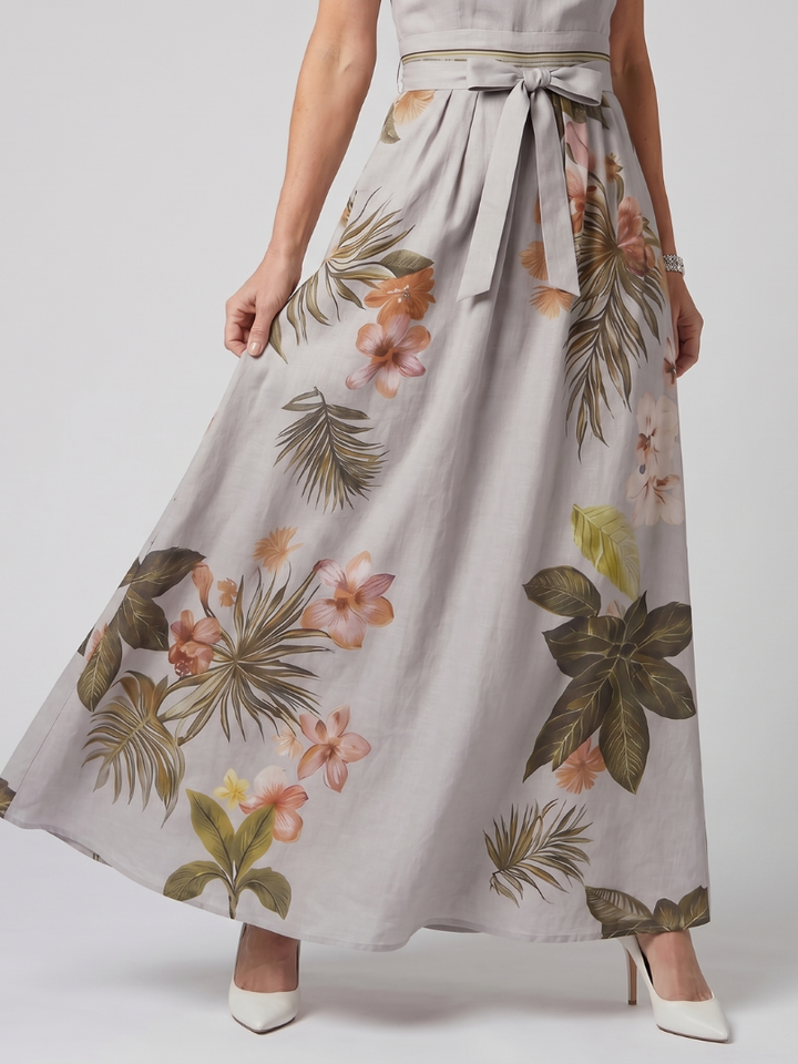 Meadow | Abito Maxi con Pannello Botanico e Scollo All'Americana