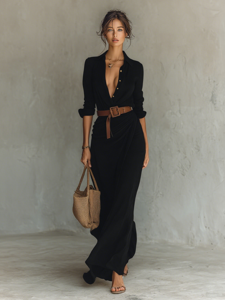 Robe Maxi Longue avec Col Revers et Manches Longues pour Femmes