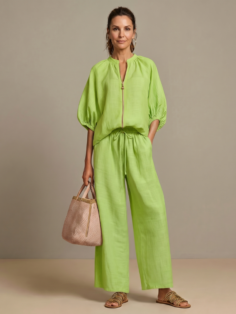 Natalia | Top Blouson con Zip Frontale e Pantaloni a Gamba Larga