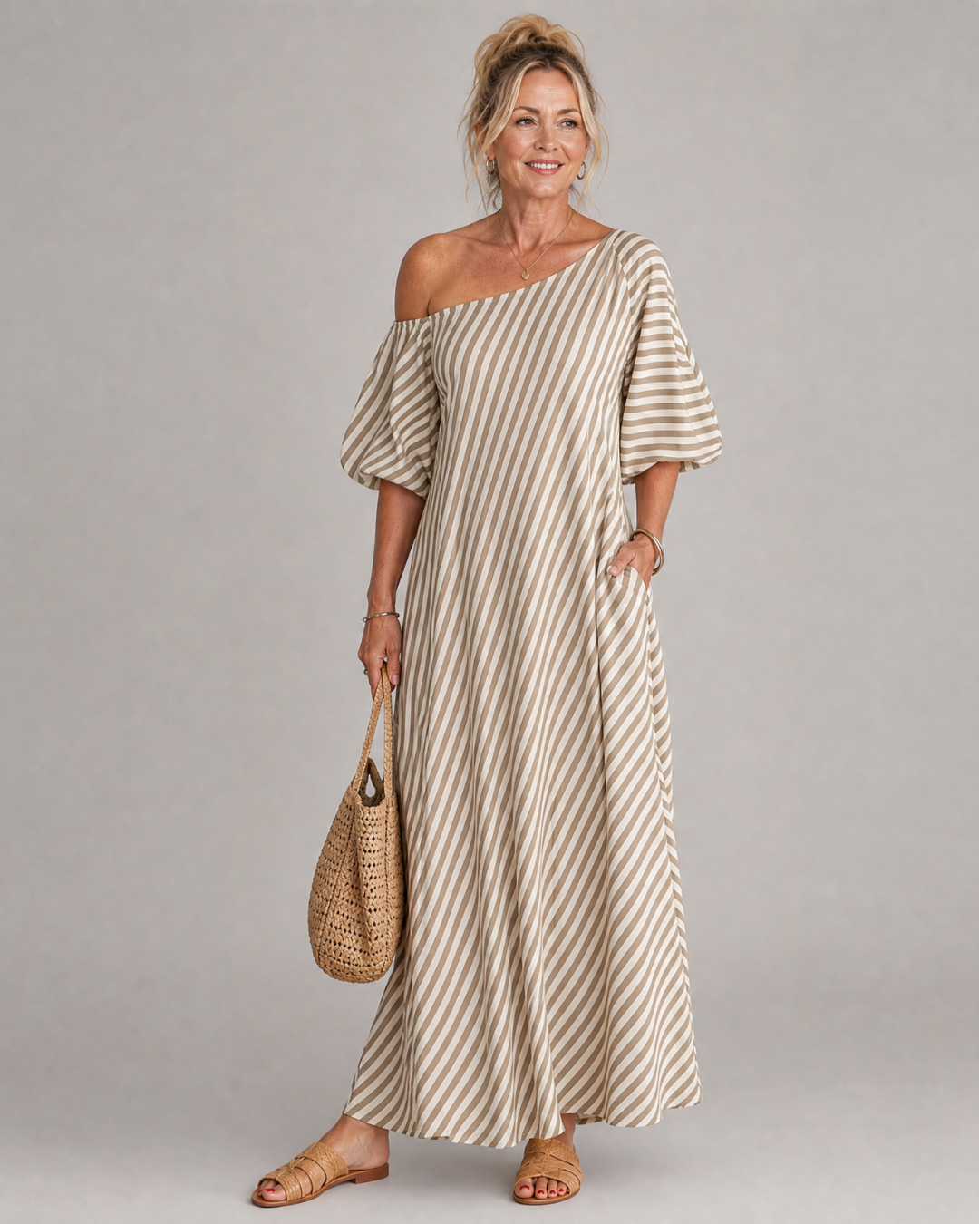 Zamrina | Abito Midi a Strisce con Maniche a Volant Off Shoulder