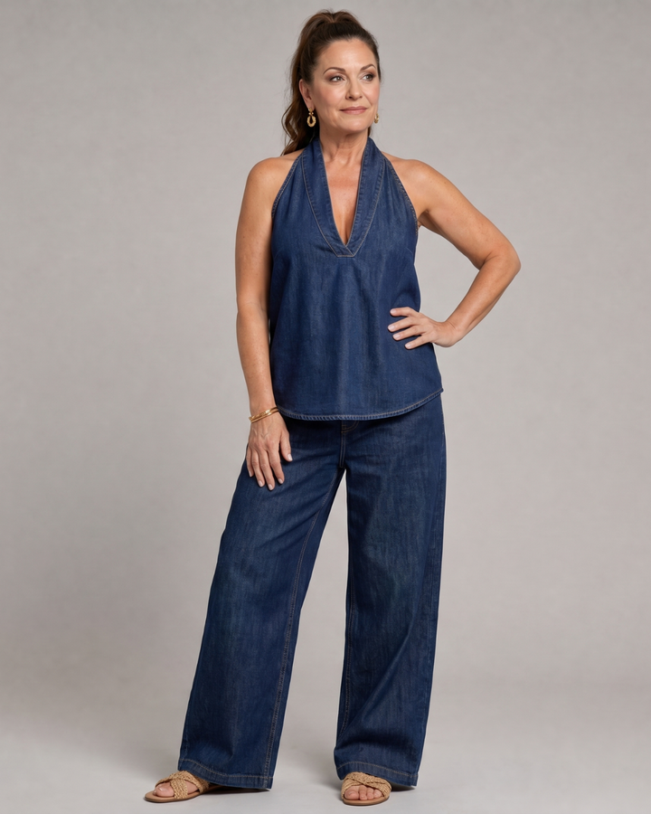 Zorelle | Top in Denim con Collo Halter e Pantaloni a Gamba Larga