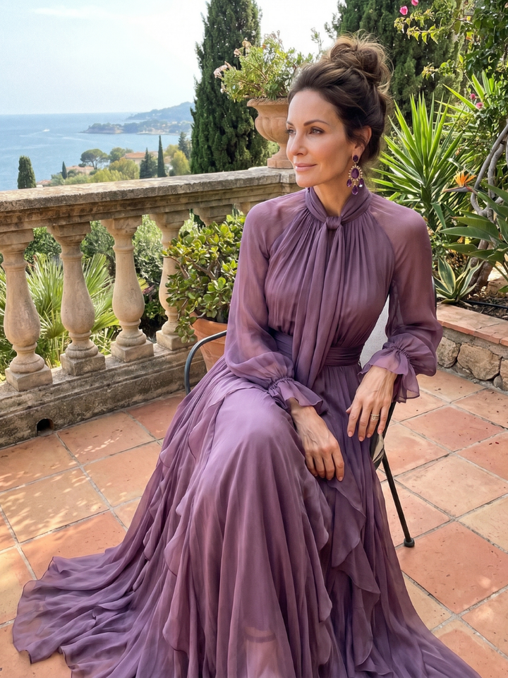 Demetria | Abito Maxi con Collo a Fiocco e Righe a Balze