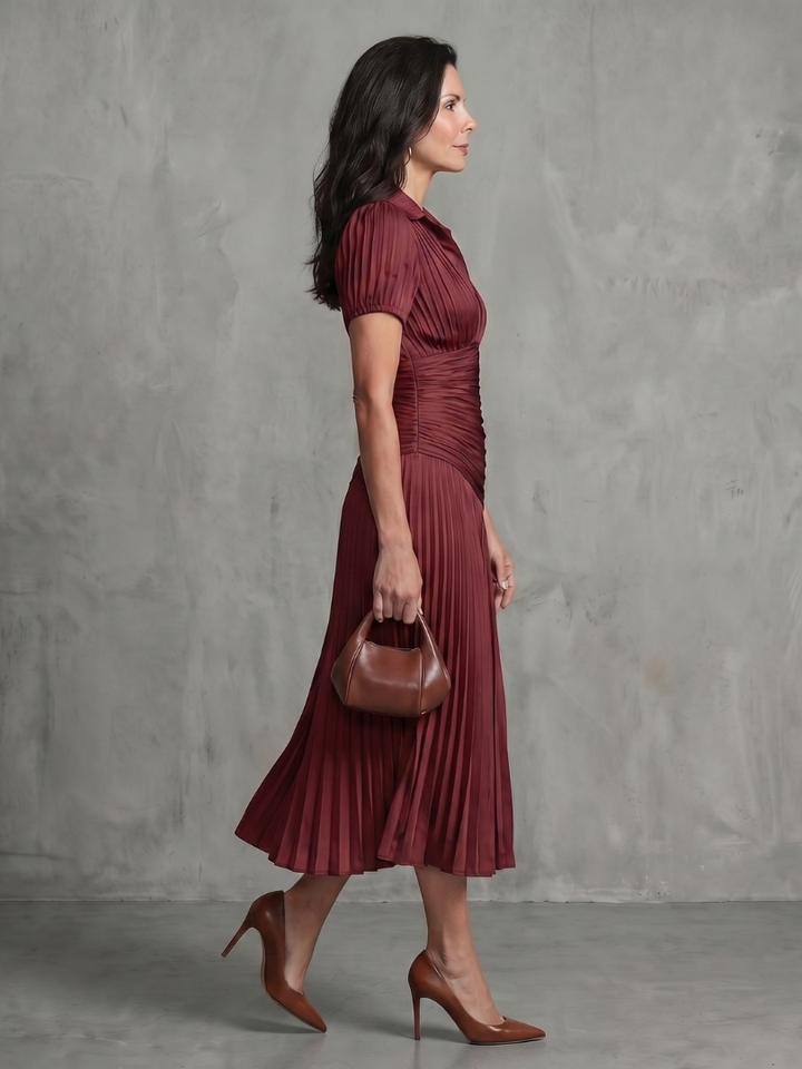 Theodora | Vestito Midi a Strisce con Vita Plissettata