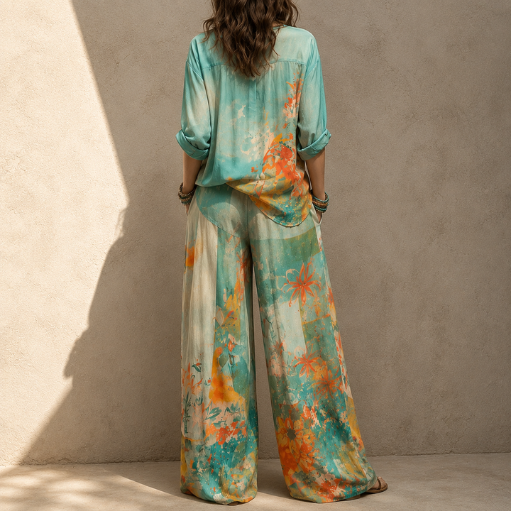 Chiara | Completo elegante con stampa floreale e pantaloni larghi
