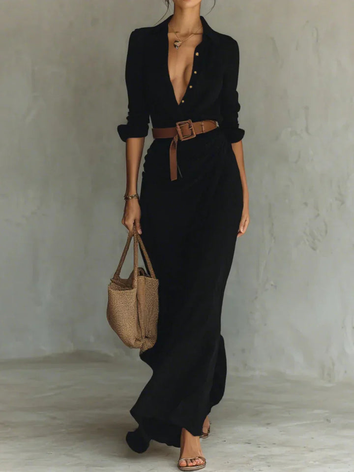 Camille™ | Robe maxi avec col et ceinture à la taille