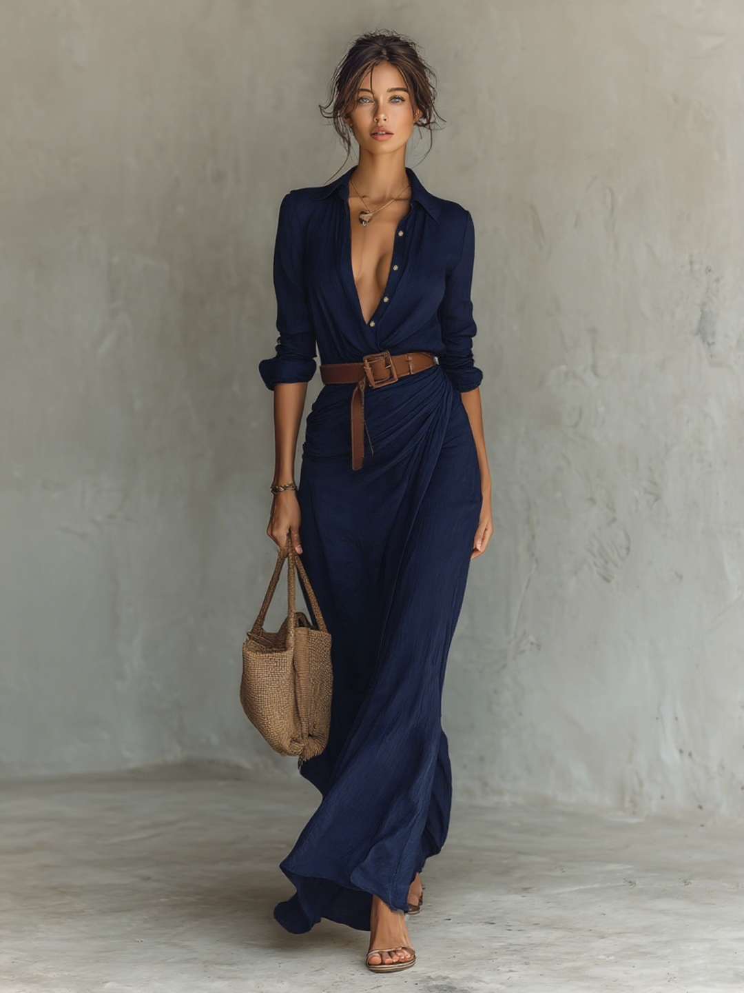 ESSENTIEL - Robe Maxi Longue avec Col Revers et Manches Longues pour Femmes