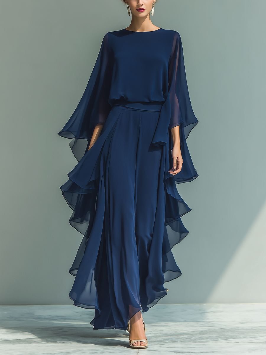 Ensemble Femme Top Chiffon Bleu Marine À Manches Évasées Et Pantalon Droit Avec Détails Volants