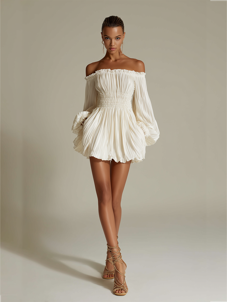 Robe Plissée Ivoire pour Femme avec Décolleté Bardot et Taille Froncée, Robe Élégante Sexy Intemporelle