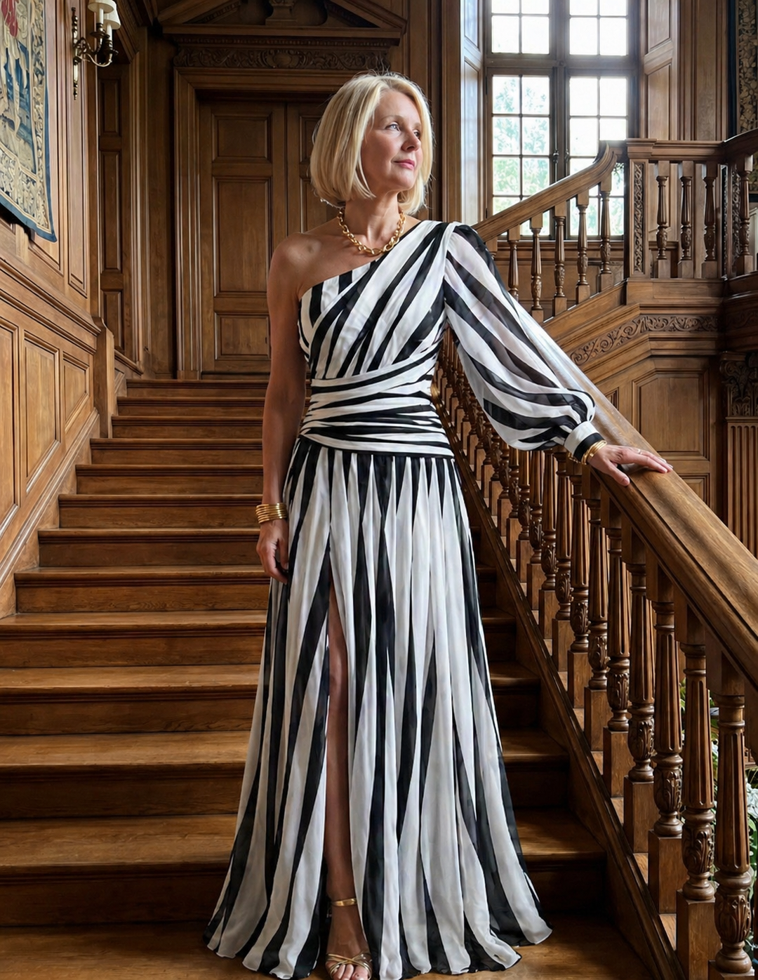 Stella & Grace™ | Abito Maxi Elegante a Strisce con Spalla Scoperta