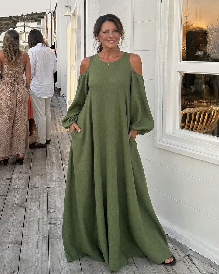 Sylphine | Abito Maxi Relaxed con Spalle Scoperte e Maniche a Palloncino