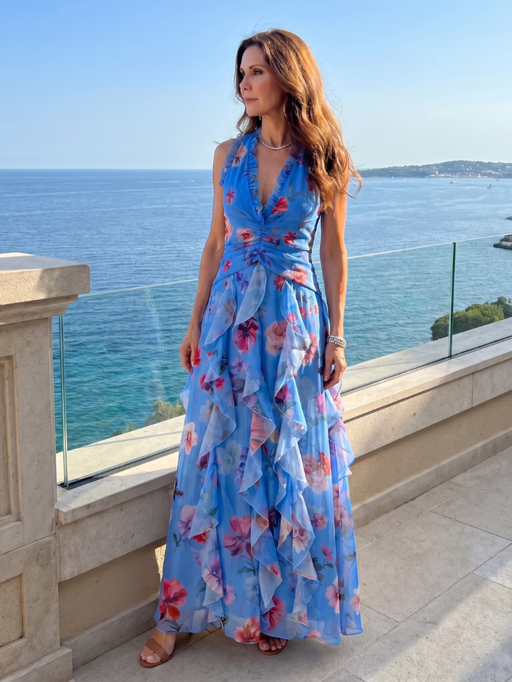 Nori | Vestito Maxi Floreale con Corpino Arricciato e Collo Halter