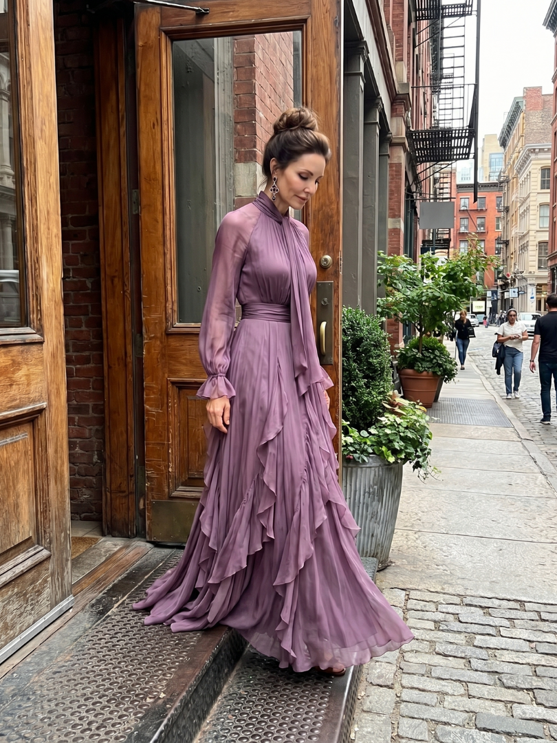 Demetria | Abito Maxi con Collo a Fiocco e Righe a Balze