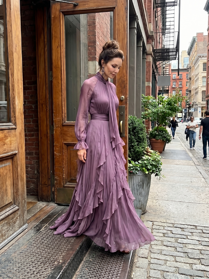 Demetria | Abito Maxi con Collo a Fiocco e Righe a Balze