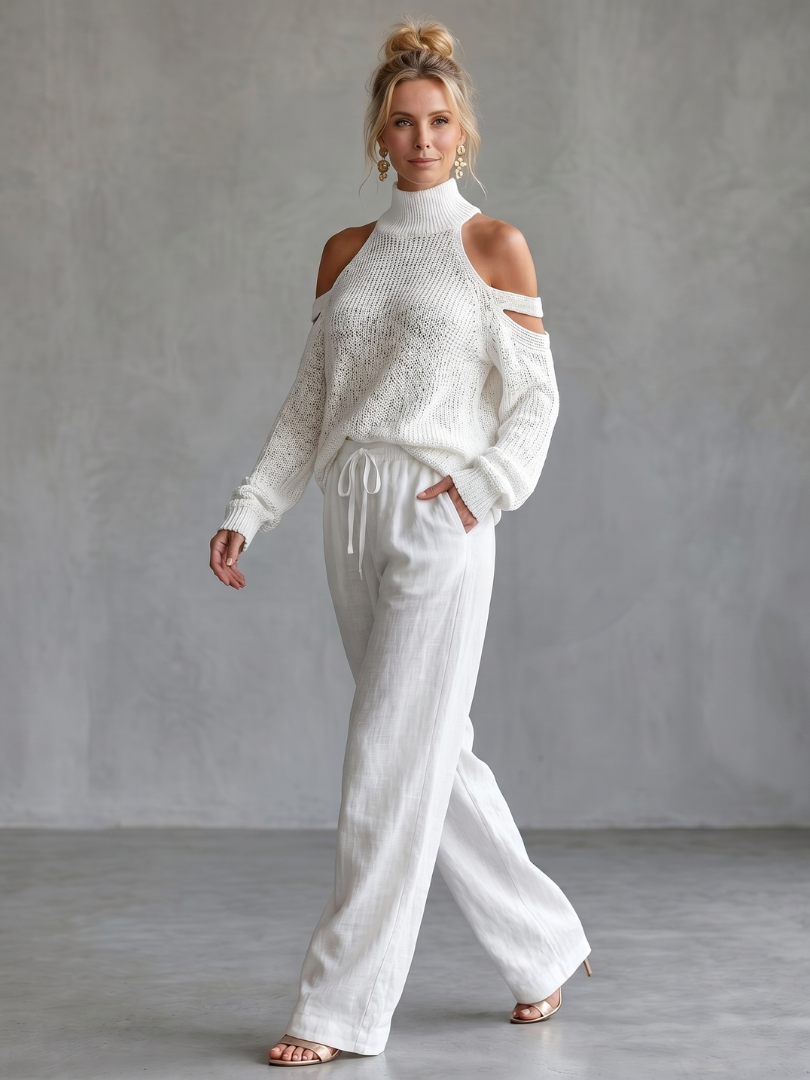 Questo | Top a Maglia con Spalle Scoperte e Set di Pantaloni a Gamba Larga