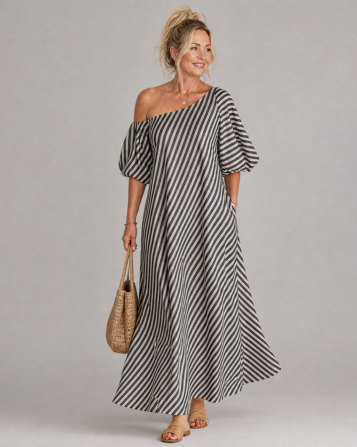 Zamrina | Abito Midi a Strisce con Maniche a Volant Off Shoulder