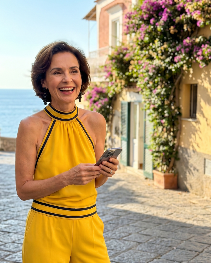 Zephyrine | Jumpsuit a gamba larga con scollatura a halter e dettagli a contrasto