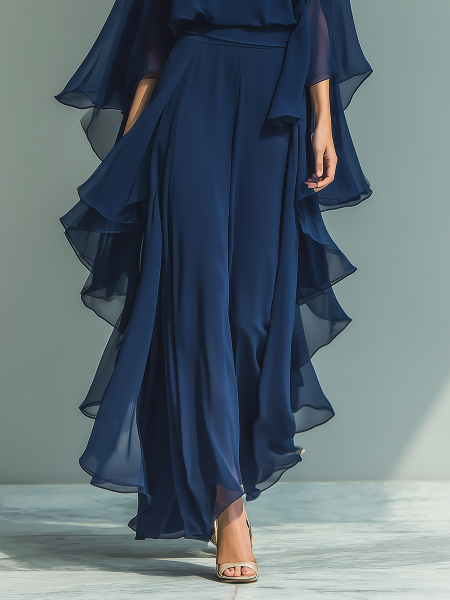 Ensemble Femme Top Chiffon Bleu Marine À Manches Évasées Et Pantalon Droit Avec Détails Volants