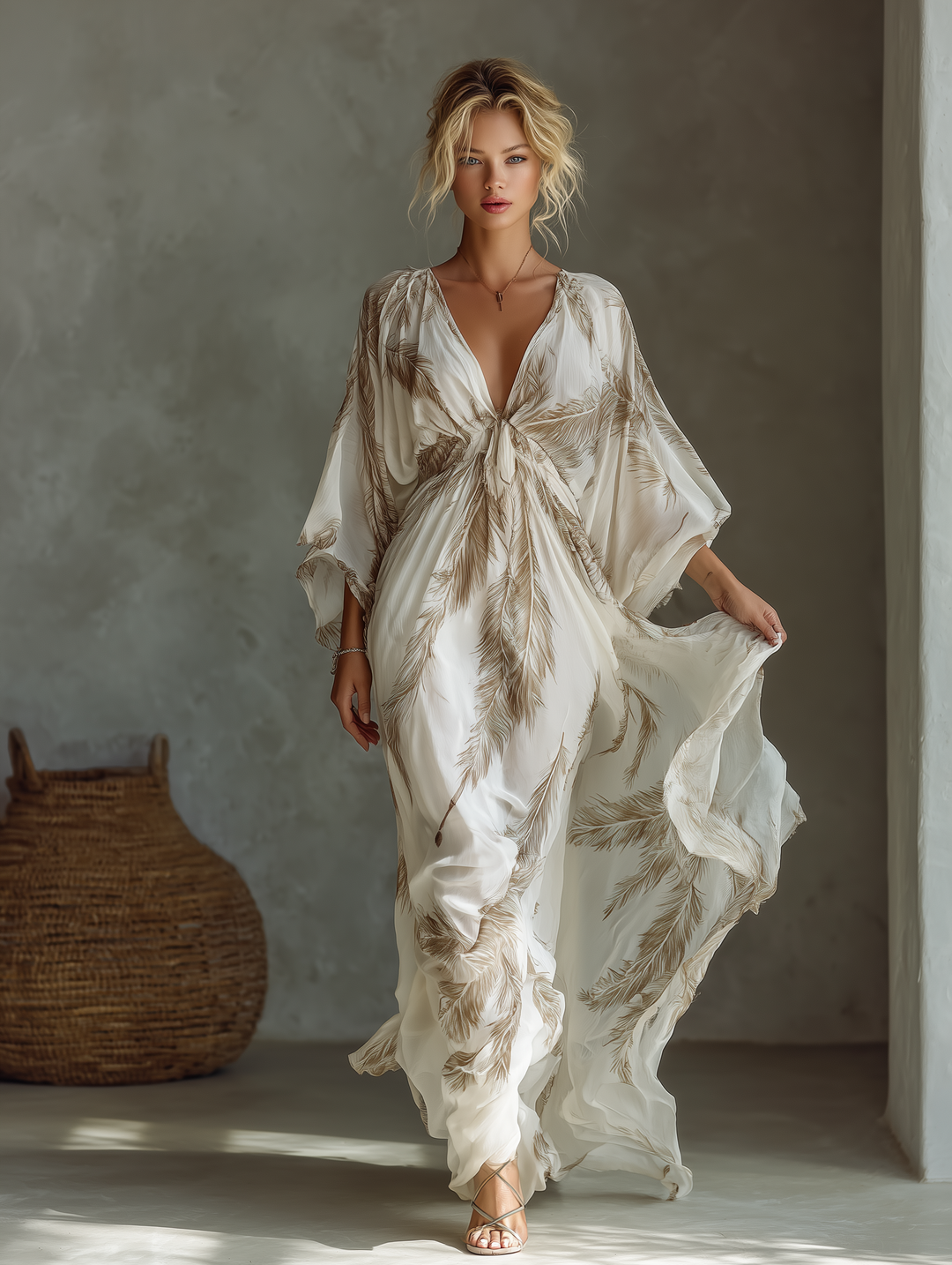 Robe Maxi en Chiffon Ivoire et Taupe à Manches Dolman avec Devant Torsadé et Imprimé Feuille de Palmier