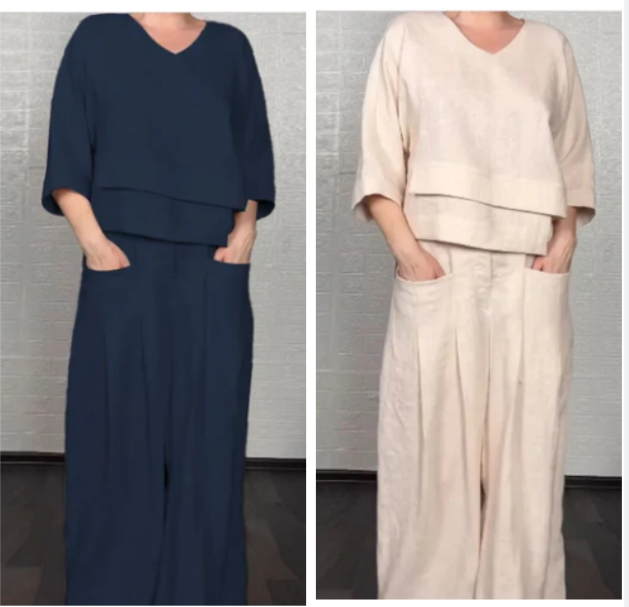 Liza - Ensemble en coton et toile 2 pièces - Haut à col en V et pantalon à jambes larges