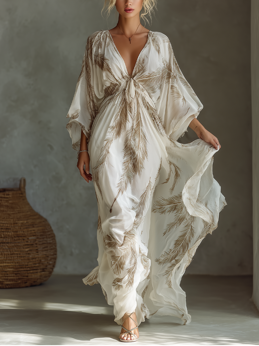 Robe Maxi en Chiffon Ivoire et Taupe à Manches Dolman avec Devant Torsadé et Imprimé Feuille de Palmier