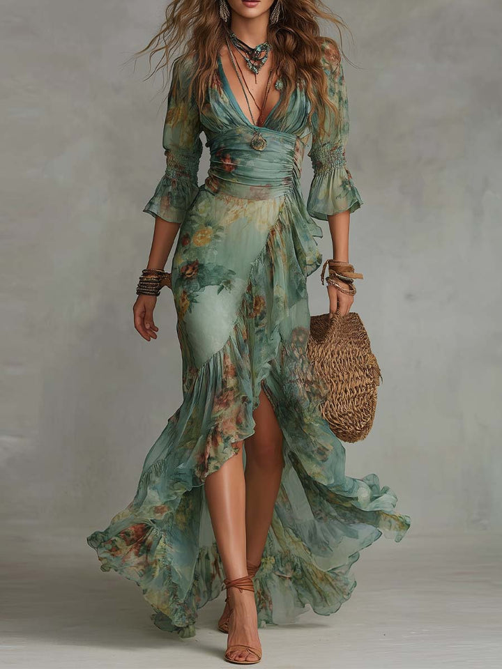 Aurora - longue robe boho à fleurs avec ourlet romantique et asymétrique