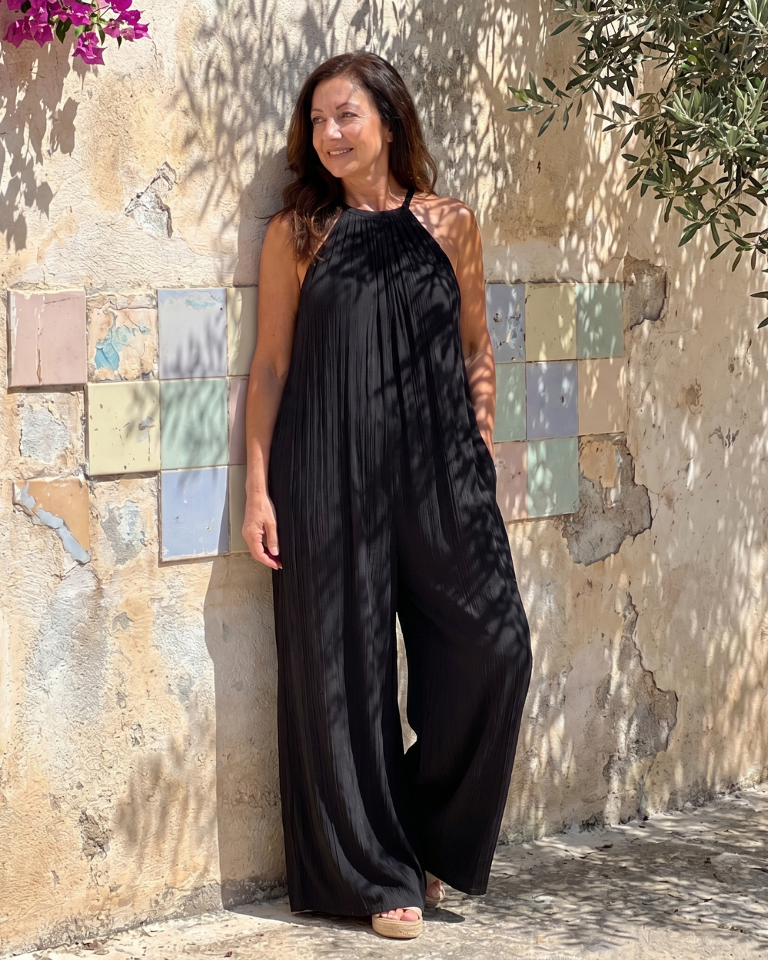 Sylvara | Tuta Relaxed a Gamba Larga con Collo Halter Plissettato