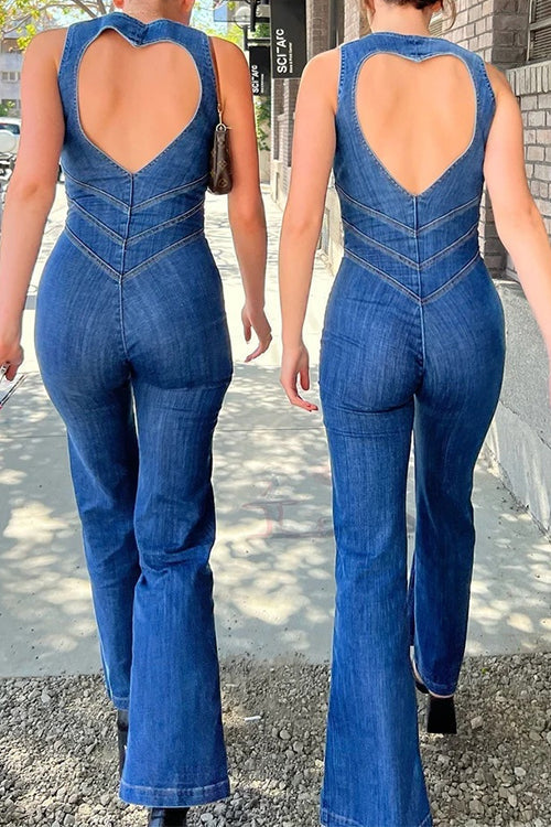 Combinaison en Jean à Manches Sans Manche avec Zip Margovil et Dos en Cœur à Pattes d'Éléphant