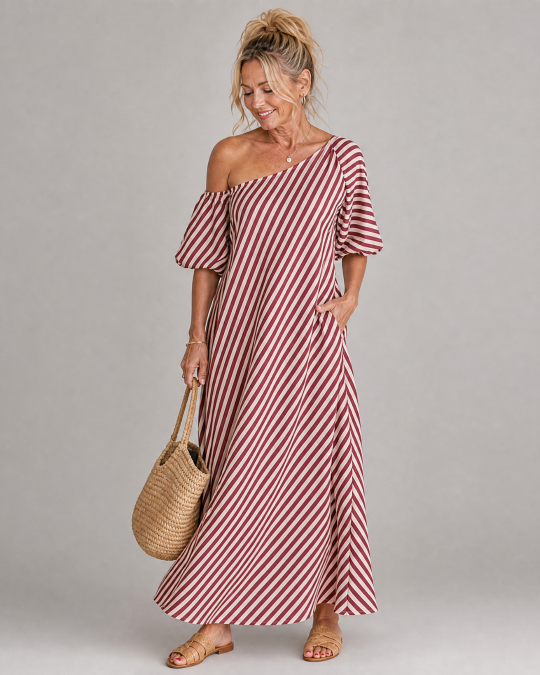 Zamrina | Abito Midi a Strisce con Maniche a Volant Off Shoulder